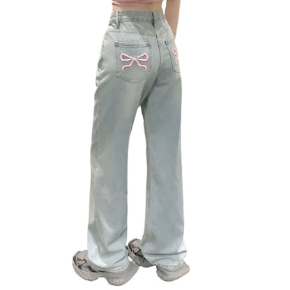 High-Waist Embroidered Bow Jeans